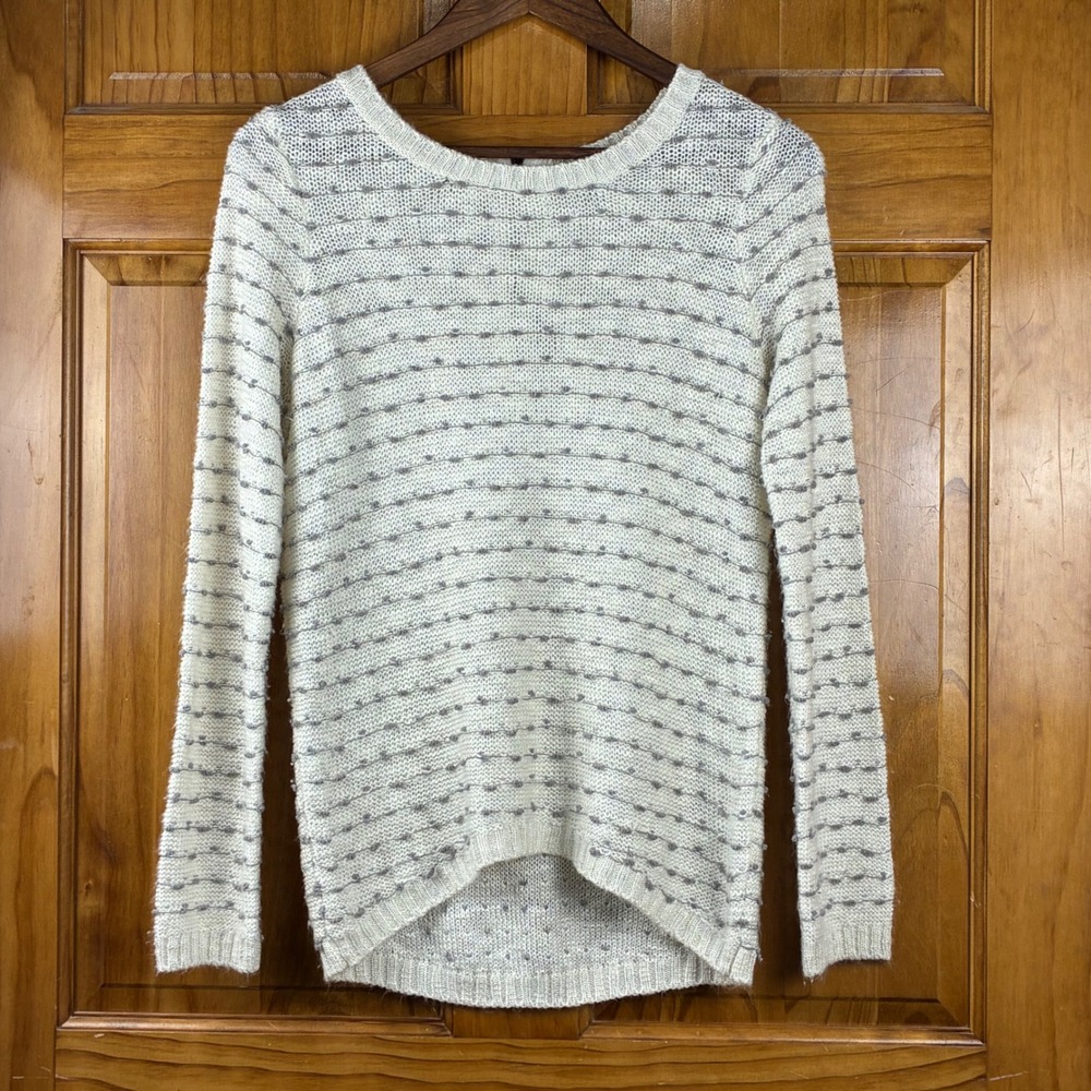 Freshman 1996 Cream Grey Polka Dot Textured Knit High Low Zipper Sweater M Soft